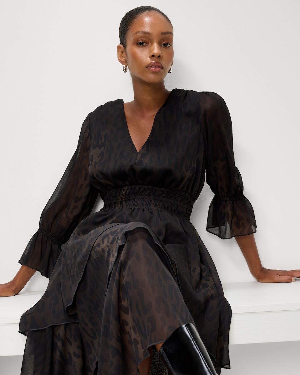 image 1 of F&F Chiffon Printed Tiered Midi Dress in Multi Brown