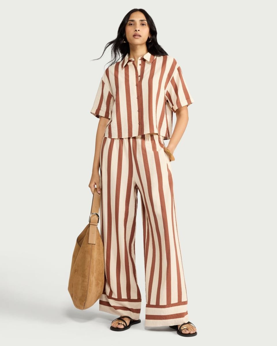 image 1 of F&F Striped Button Up Co-ord Shirt in Multi Brown