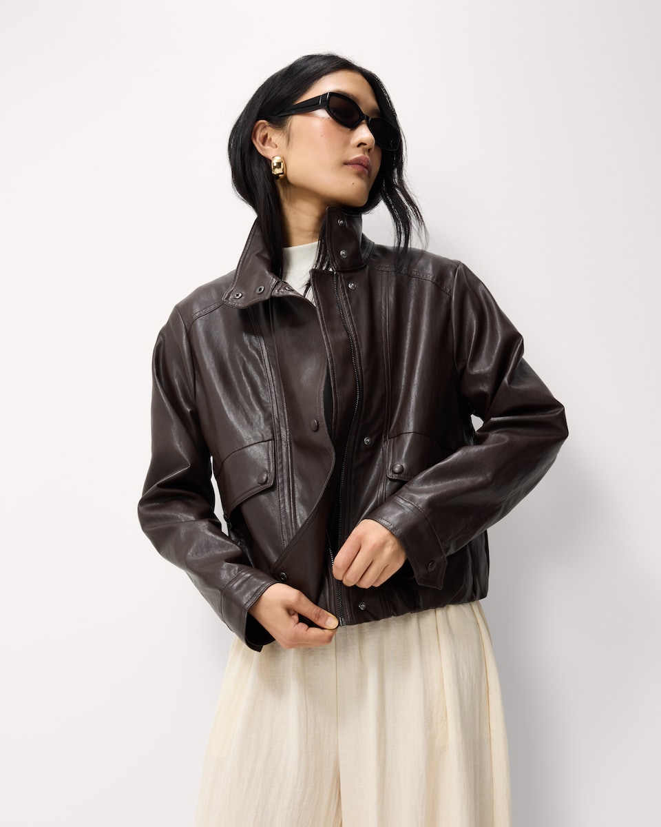 image 1 of F&F Faux Leather Funnel Neck Jacket in Brown