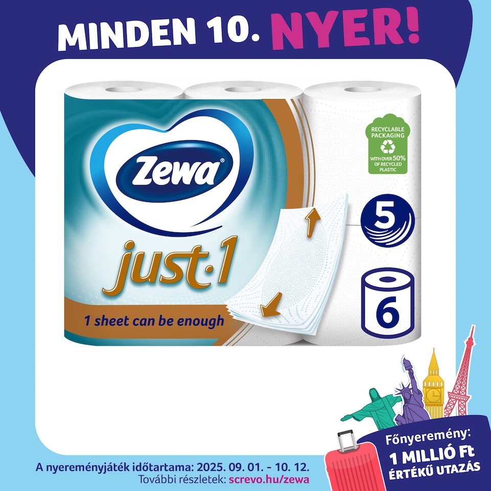 Zewa Just 1 toalettpapír 5 rétegű 6 tekercs  1. kép