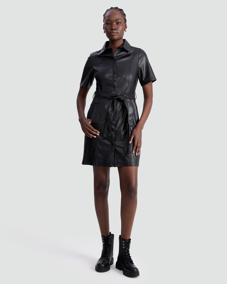 image 1 of F&F Faux Leather Belted Shirt Dress in Black