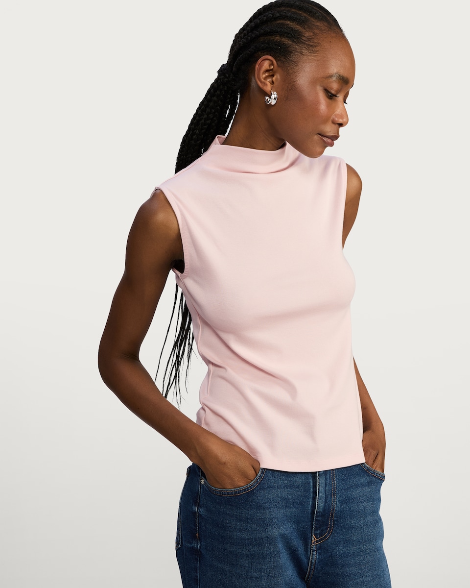 image 1 of F&F Cotton Modal Blend High Neck Sleeveless Top in Pink