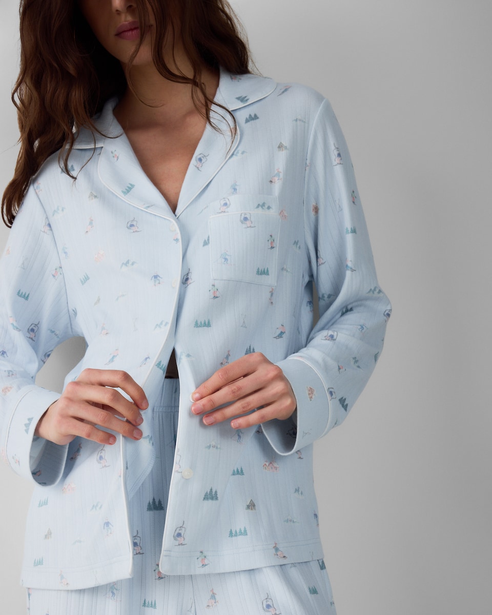 image 1 of F&F Ski Print Revere Pyjama Set in Blue