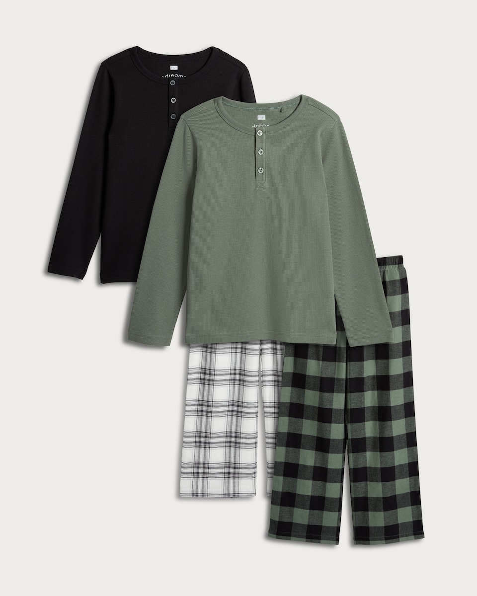 image 1 of F&F Boys 2-Pack Pure Cotton Long Sleeved Henley Top and Trousers Pyjamas in Multi