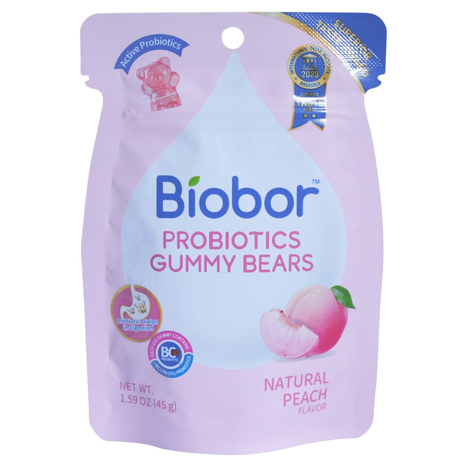 Biobor gluténmentes őszibarack ízű gumicukorka probiotikus baktériumtörzsekkel 45 g