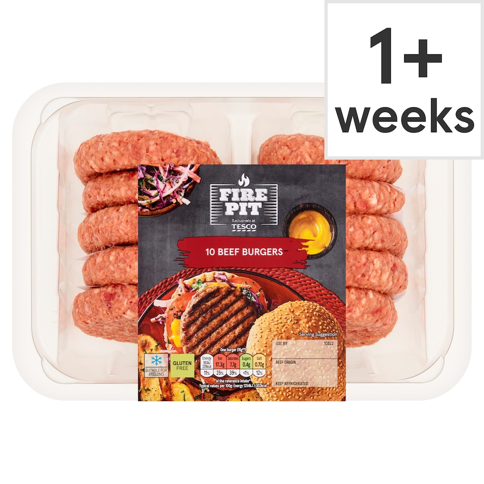 Tesco Fire Pit 10 Beef Burgers 920g NEW