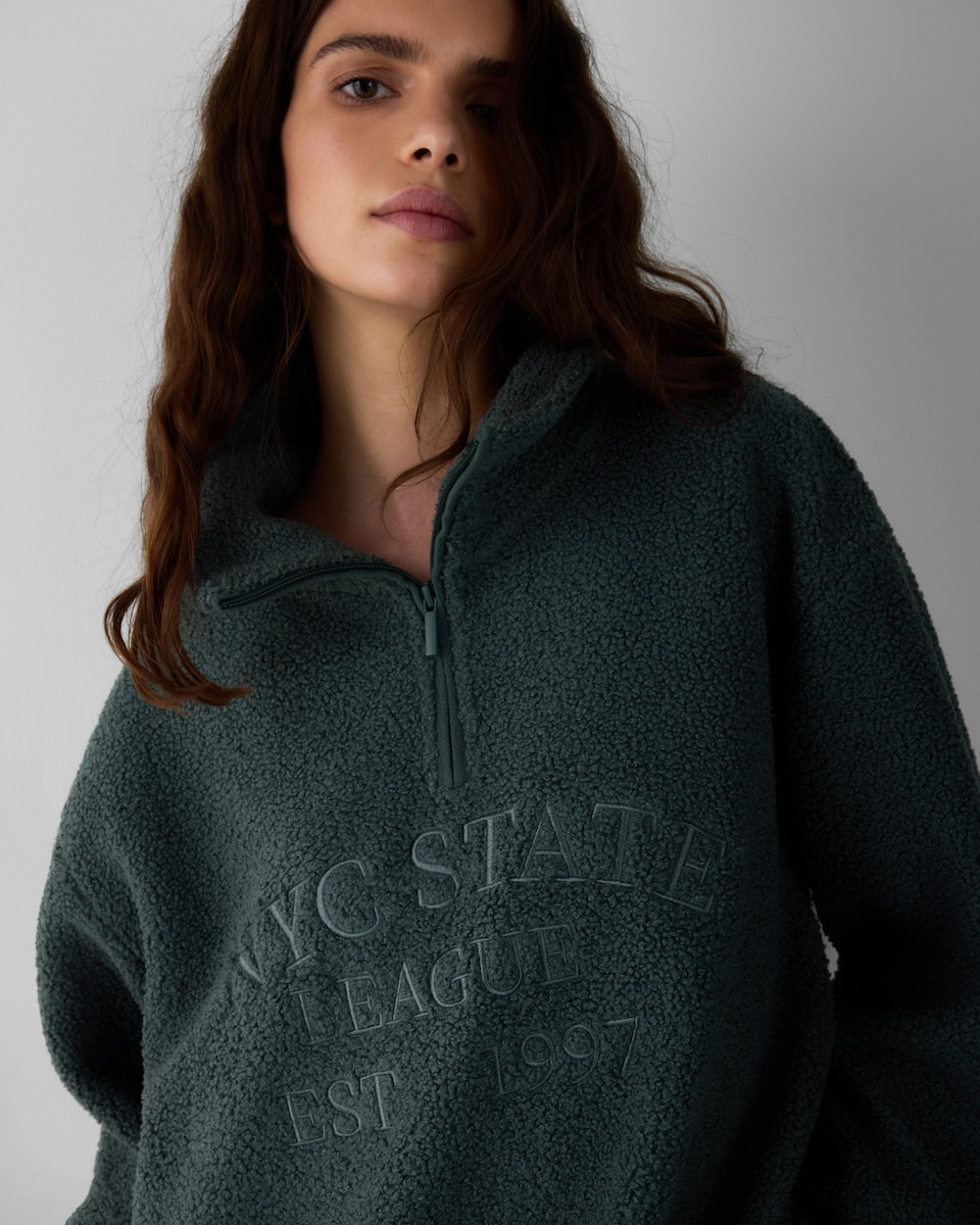 image 1 of F&F Fleece Slogan Half Zip Pyjama Top in Green