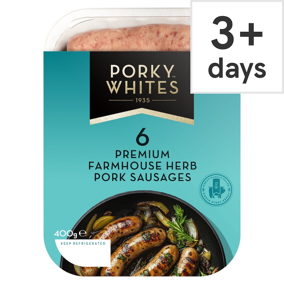 PORKY WHITES 6 PREMIUM FARMHOUSE HERB PORK SAUSAGES 400G