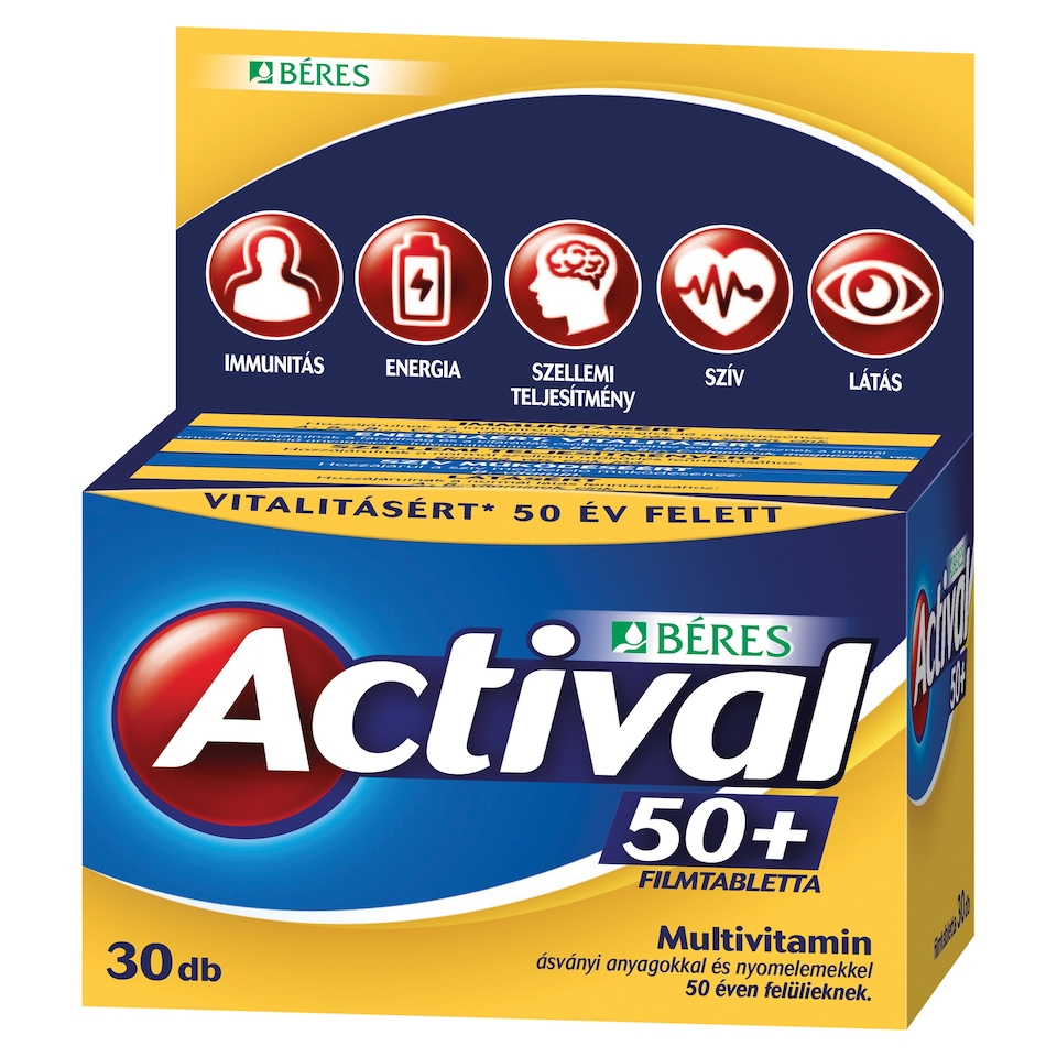 Béres Actival 50+ filmtabletta komplex étrend-kiegészítő multivitamin 30 x 1,425 g (42,8 g)  1. kép