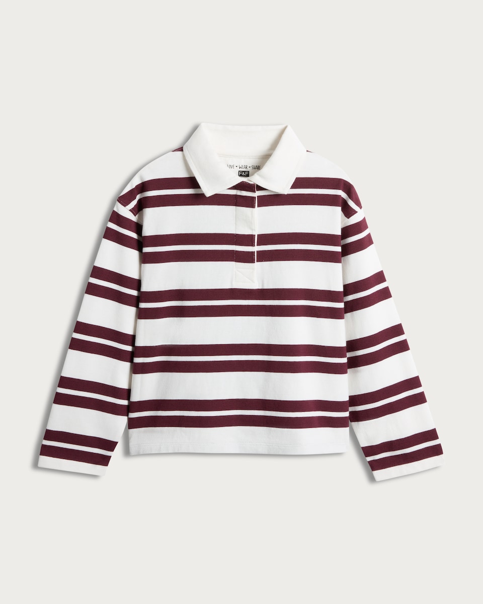 image 1 of F&F Girls Pure Cotton Stripe Print Rugby Shirt in Multi