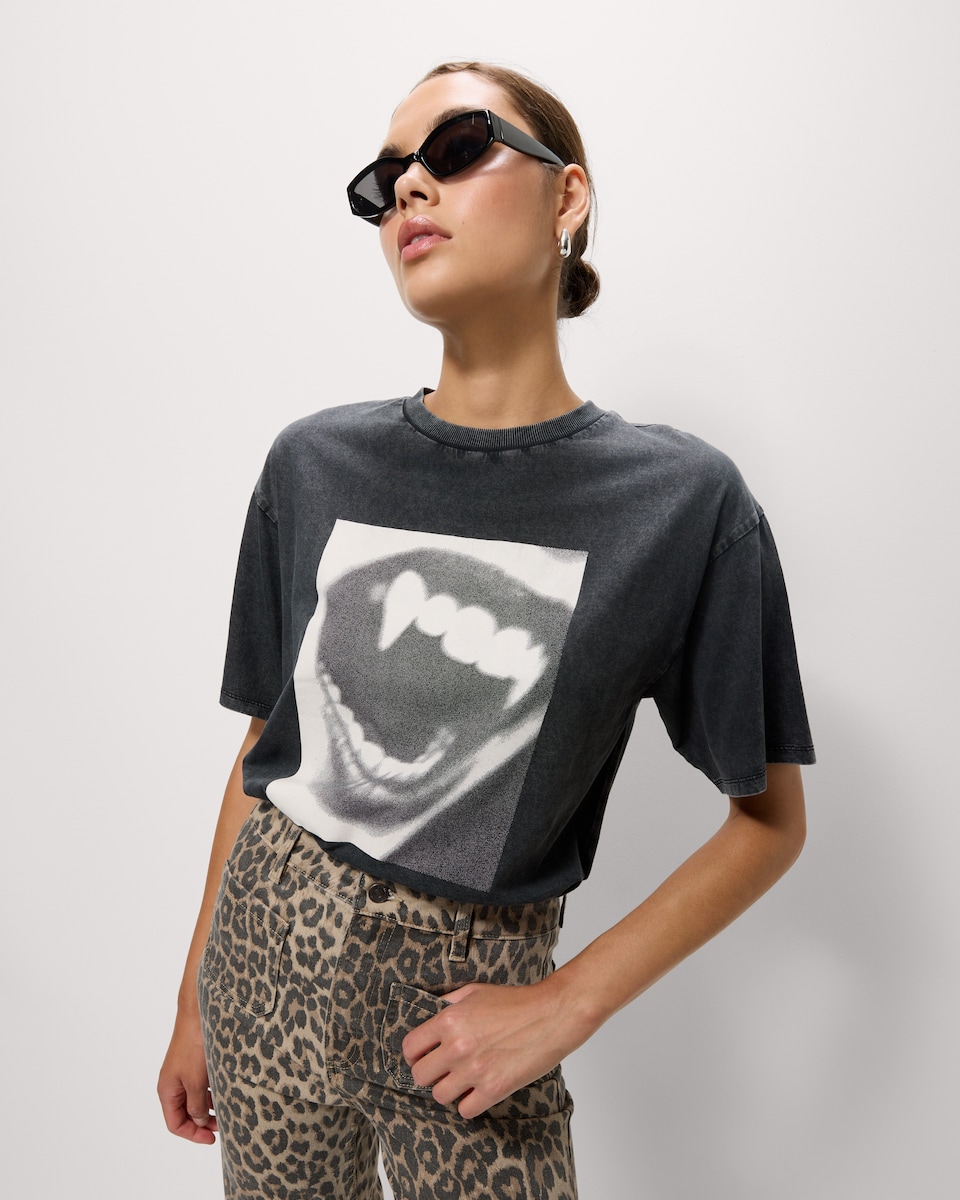 image 1 of F&F Pure Cotton Halloween Fang T-Shirt in Grey
