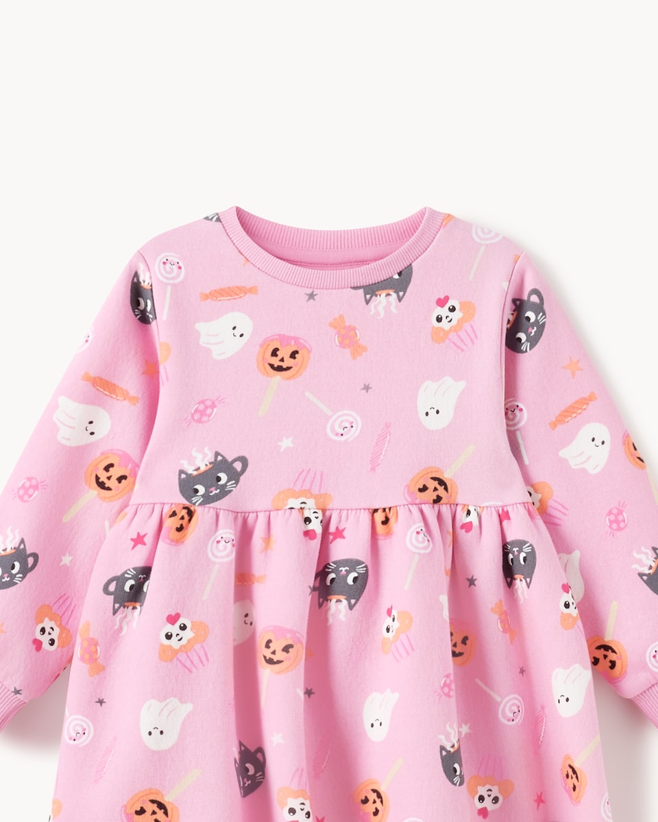 image 1 of F&F Girls Cotton Rich Halloween Print Sweat Dress in Multi Pink