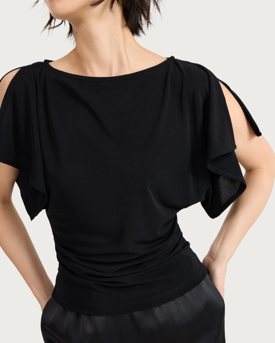 image 1 of F&F Draped Flutter Sleeve Top in Black