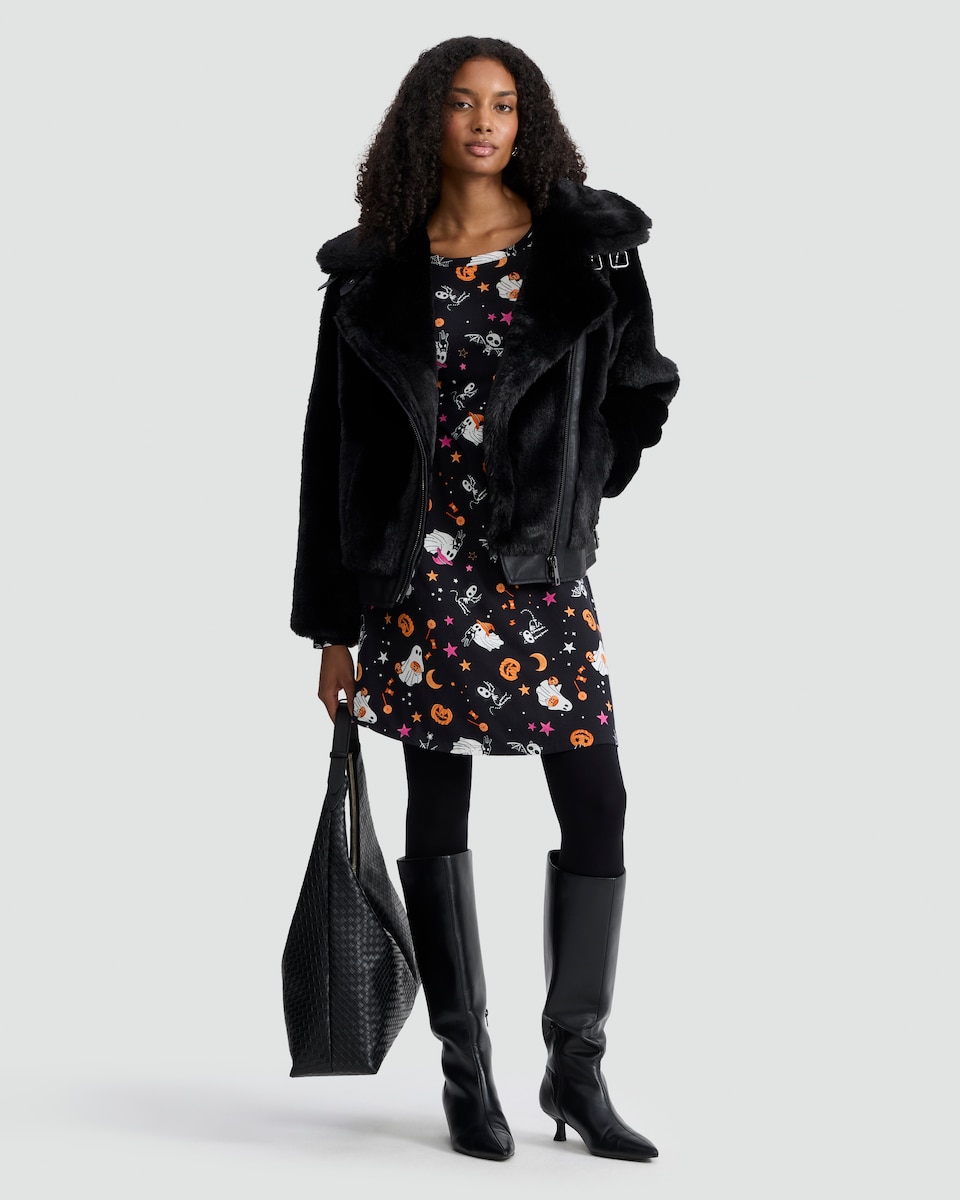image 1 of F&F Halloween Print Dress in Multi Black