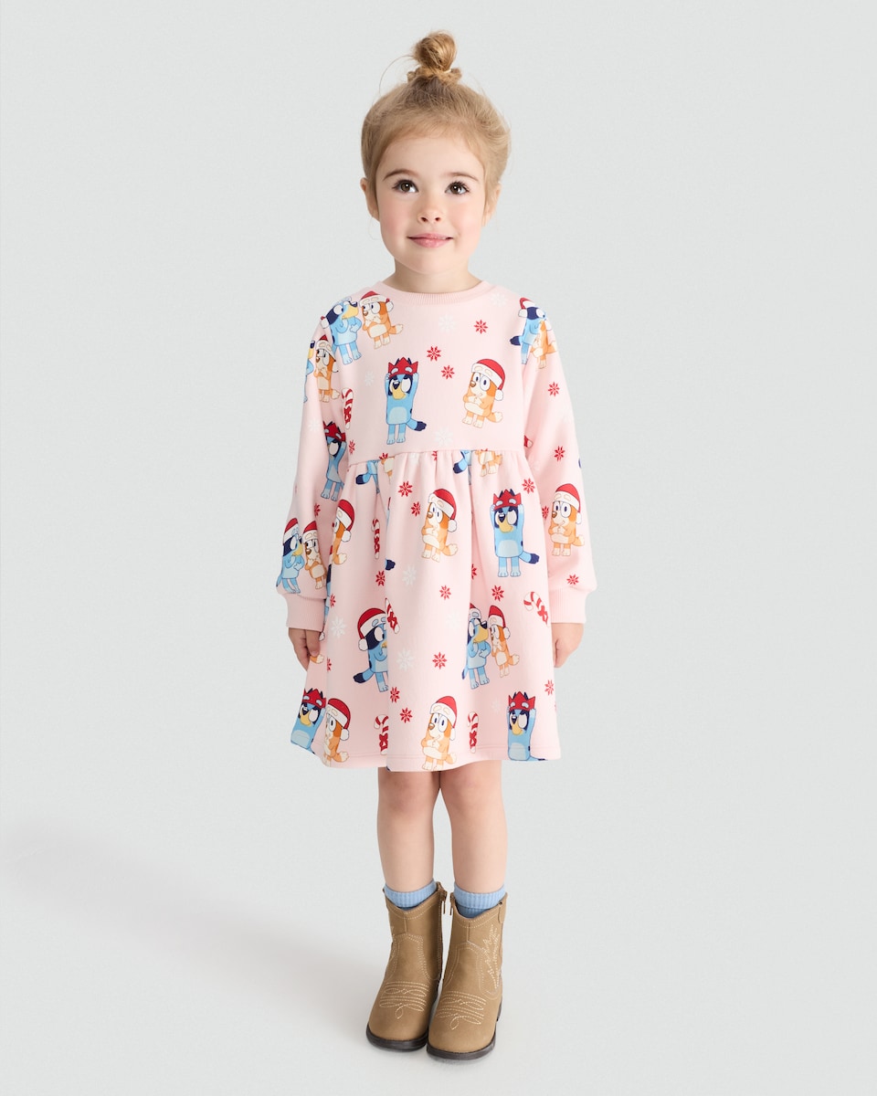image 1 of Bluey Christmas Print Long Sleeved Sweat Dress in Pink