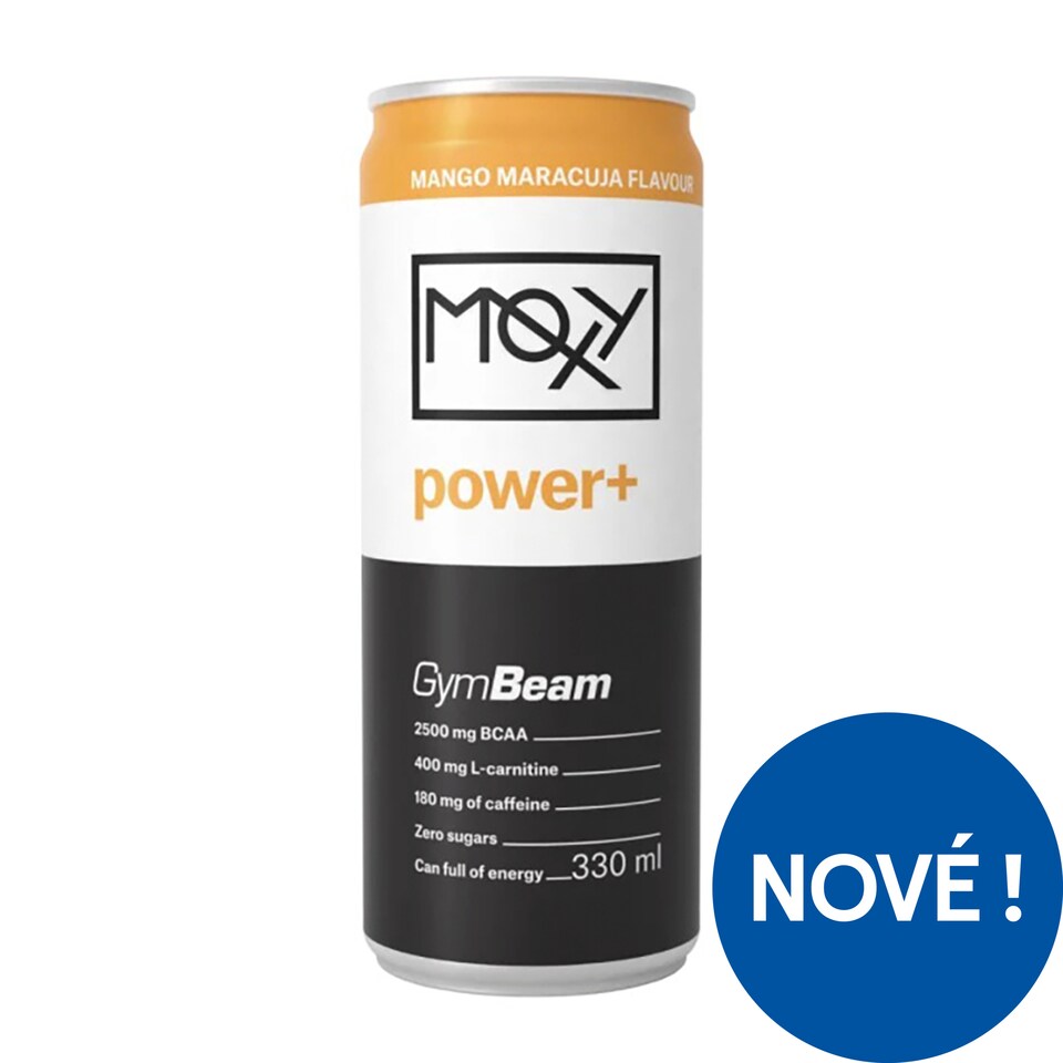 GymBeam Moxy Power+ sycený energetický nápoj s příchutí mango-maracuja 330ml