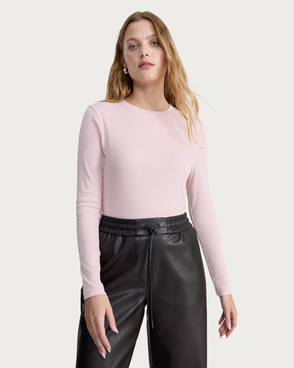 image 1 of F&F Cotton Rich Crew Neck Long Sleeved Top in Pink
