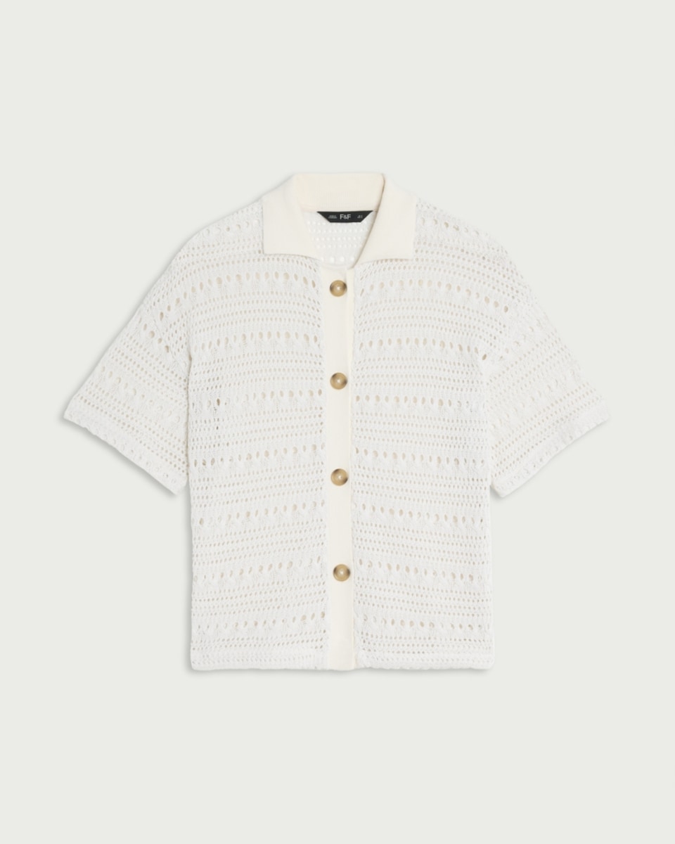 image 1 of F&F Crochet Look Short Sleeved Co-ord Shirt in Cream