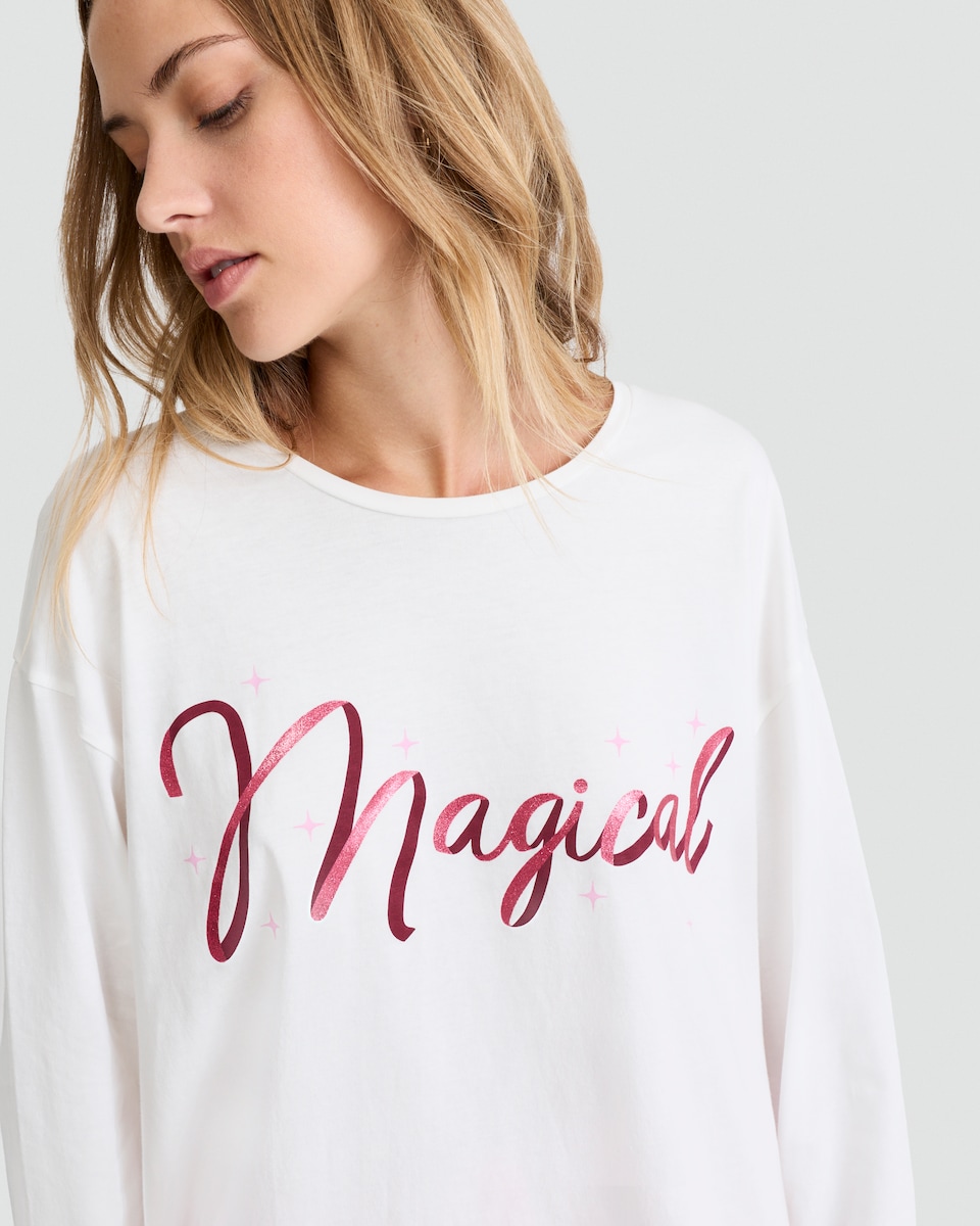 image 1 of F&F Pure Cotton Magical Slogan Pyjama Top in White