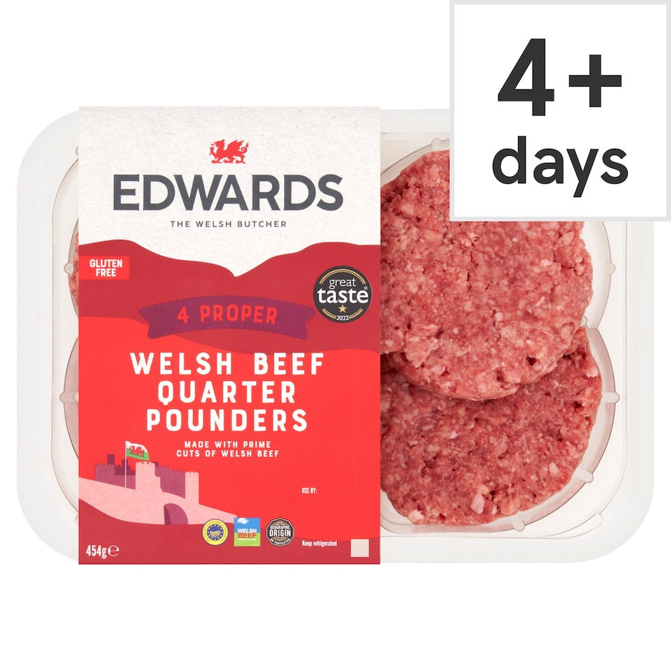 Edwards Of Conwy Beef Quarter Pounders 454G (L