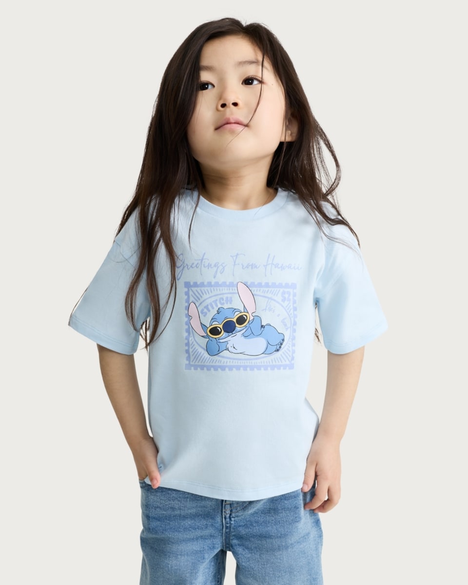 image 1 of Disney Stitch Pure Cotton Greetings From Hawaii T-Shirt in Blue