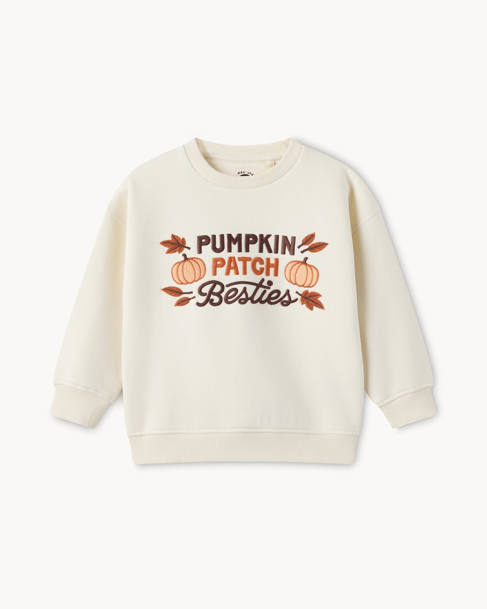 image 1 of F&F Girls Cotton Rich Halloween Pumpkin Sweatshirt in Cream
