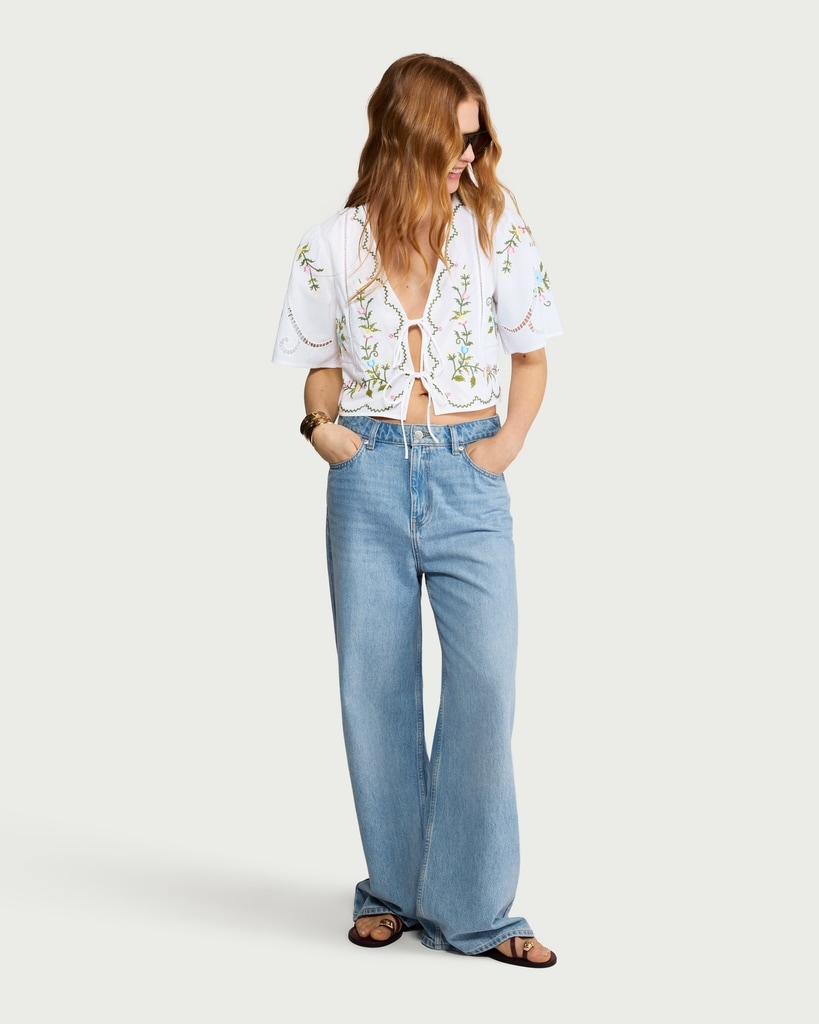 F&F Pure Cotton Floral Embroidered Tie Front Cropped Blouse in Multi White