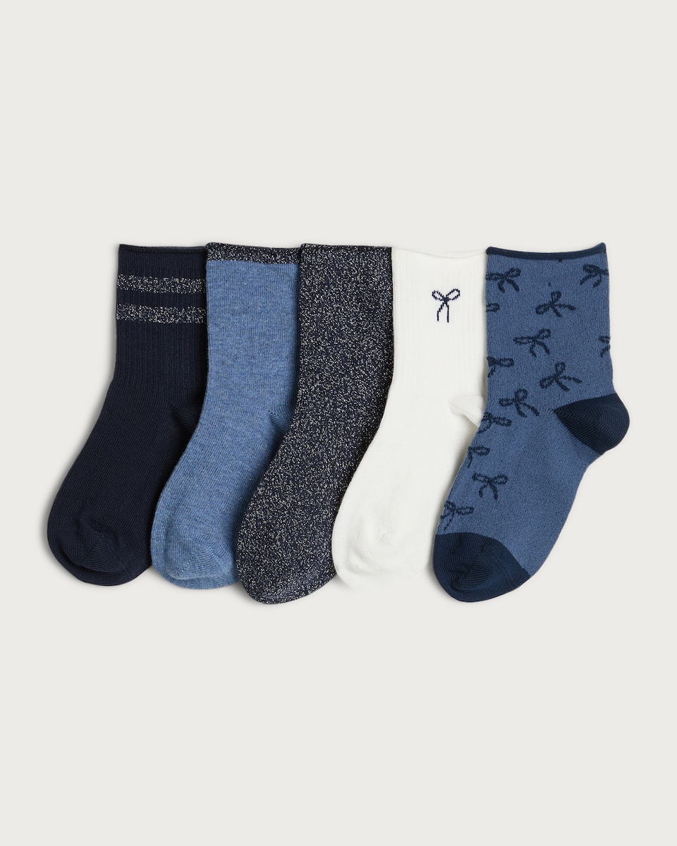 F&F Girls 5-Pack Cotton Rich Bow Pattern Ankle Socks in Multi