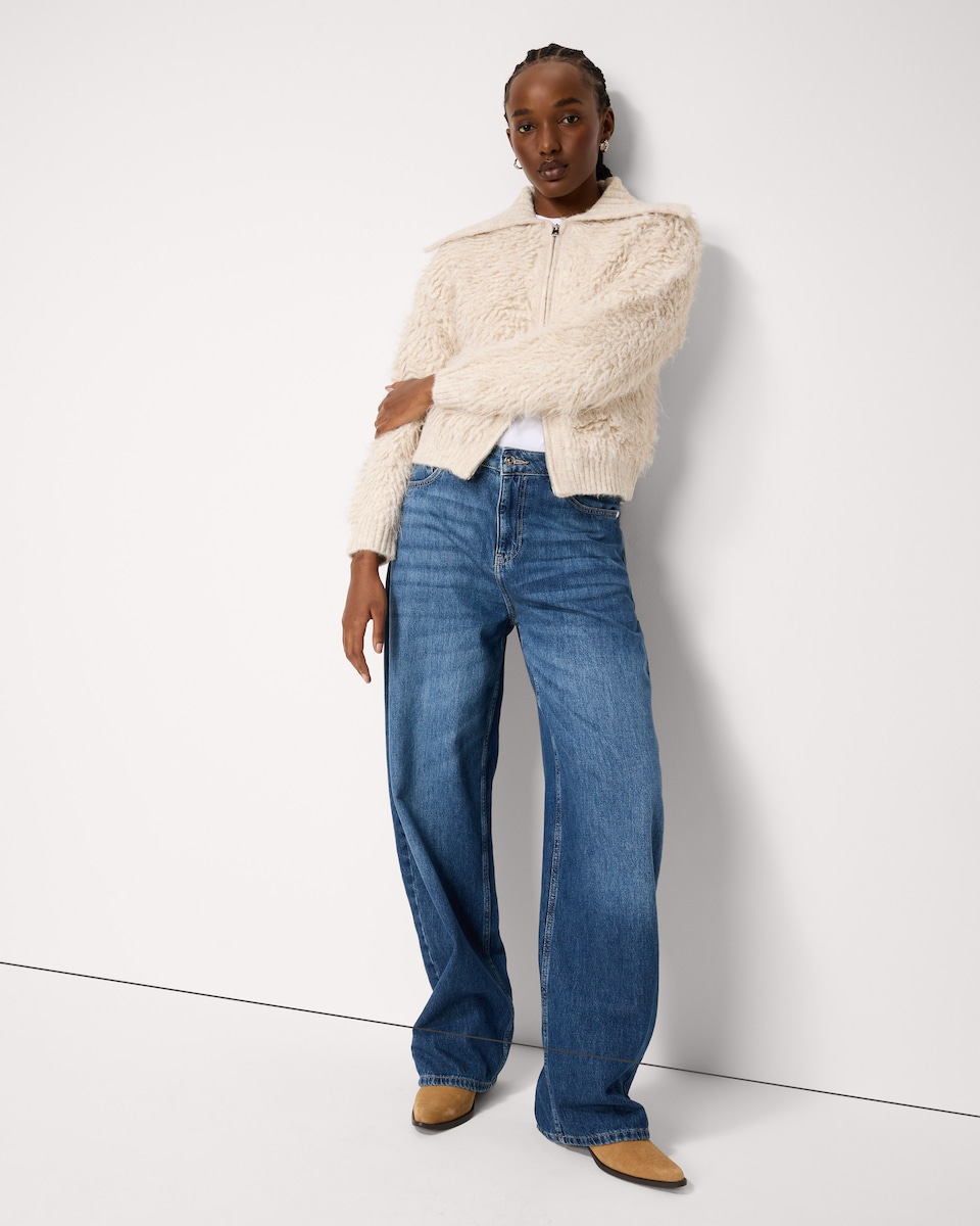 image 1 of F&F Shaggy Textured Zip Up Cardigan in Cream
