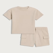 F&F Baby 2-Piece Pure Cotton Ribbed T-Shirt and Cargo Shorts Set in Neutral