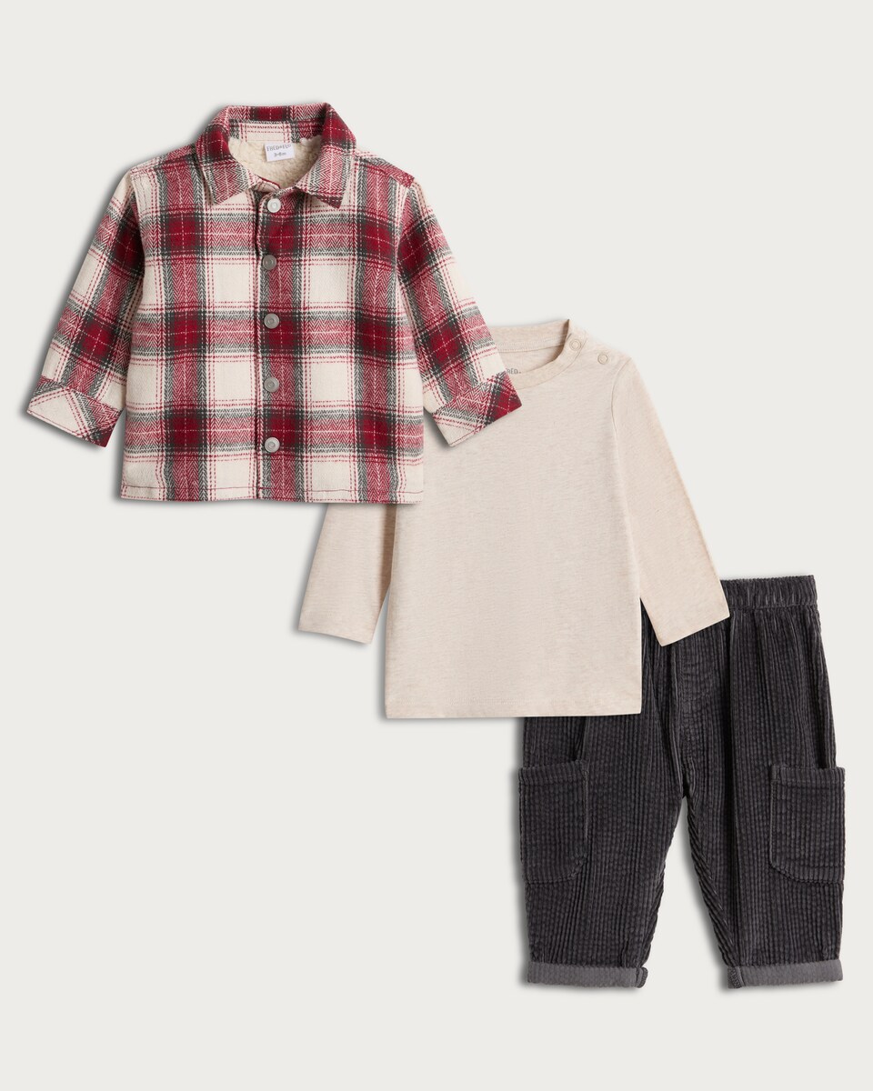 image 1 of F&F Baby 3-Piece Check Shacket, Top and Corduroy Trousers Set in Red