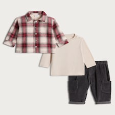 F&F Baby 3-Piece Check Shacket, Top and Corduroy Trousers Set in Red