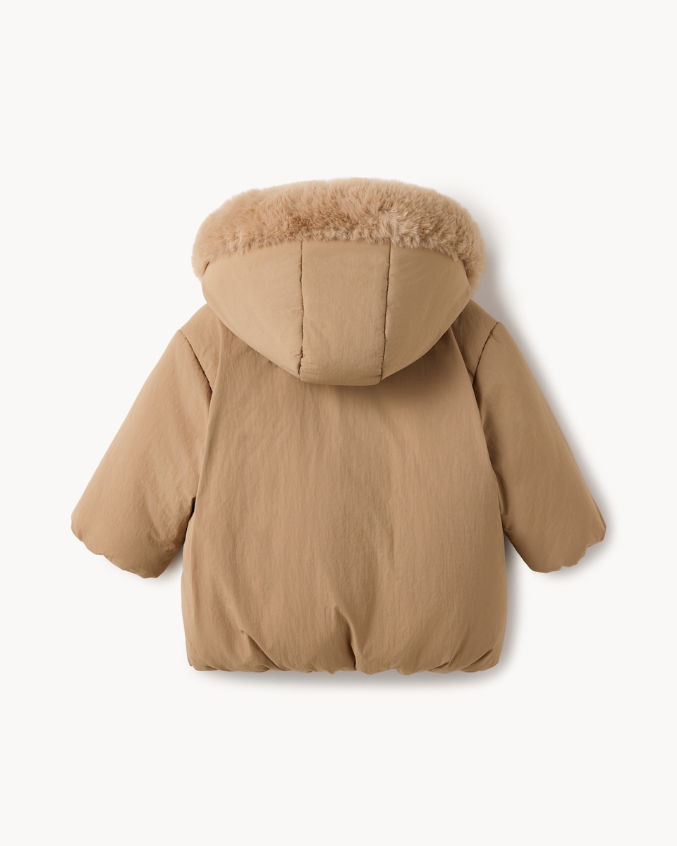 image 1 of F&F Baby Bow Detail Faux Fur Hooded Jacket in Stone