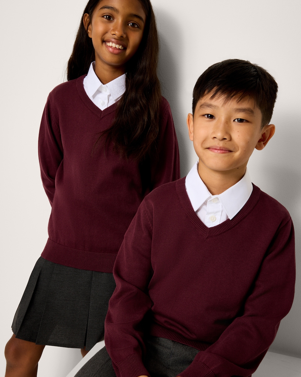image 1 of F&F School Unisex 2-Pack Pure Cotton V-Neck Jumpers in Burgundy
