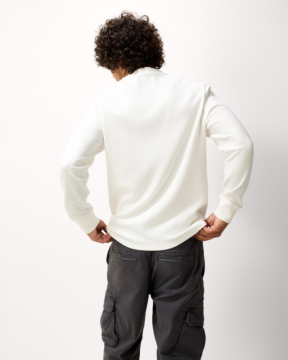 image 1 of RDA Cotton Blend Waffle Textured Henley Top in Cream