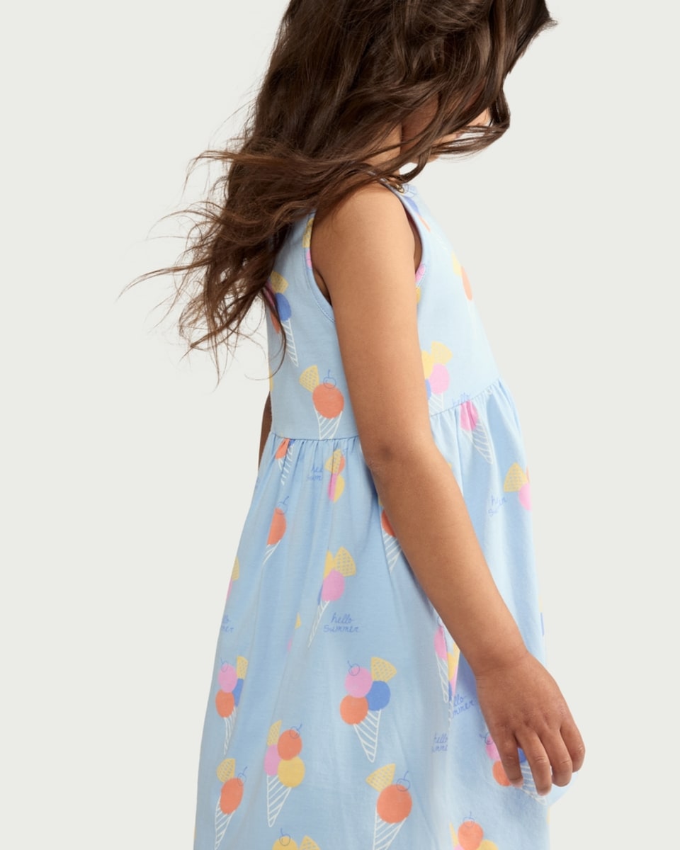 image 1 of F&F Girls Pure Cotton Ice Cream Print Sleeveless Dress in Multi Blue