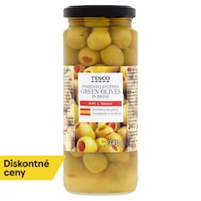 Tesco Zelené olivy plnené paprikovou pastou v slanom náleve 340 g