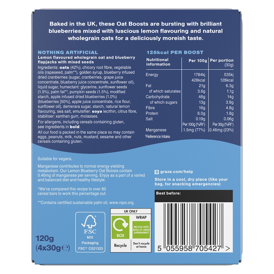 image 1 of Graze Lemon Blueberry Oat Boosts Flapjack Snack 4x30G
