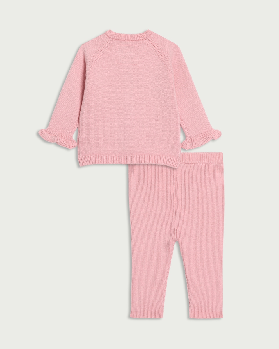 image 1 of F&F Baby Knitted Floral Cardigan and Leggings Set in Pink