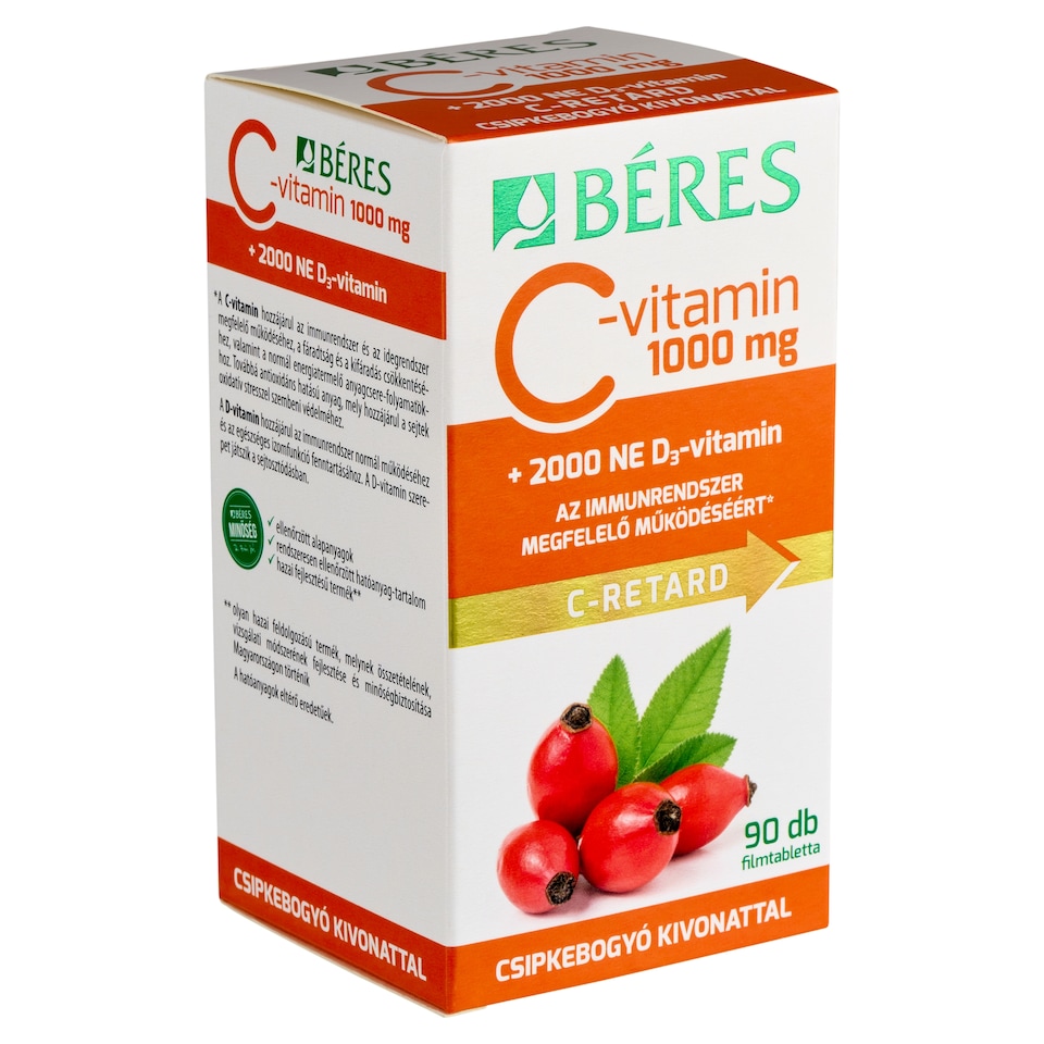 Béres C-Retard C-vitamin 1000 mg+2000 NE D₃-vitamin filmtabletta csipkebogyó kivonattal 90 x 1,425 g  1. kép
