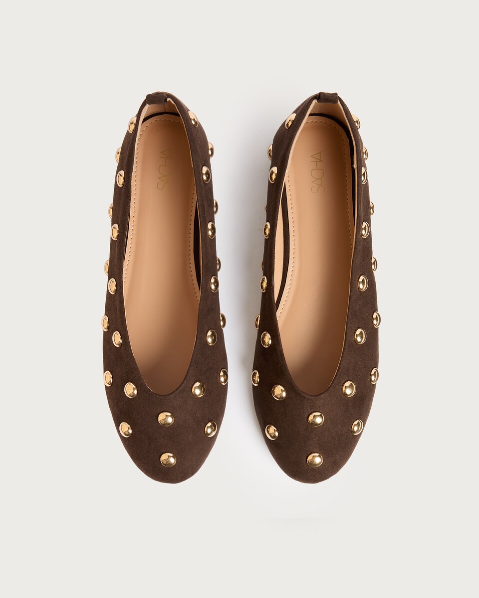 image 1 of SACHA Faux Suede Studded Ballet Flats in Brown