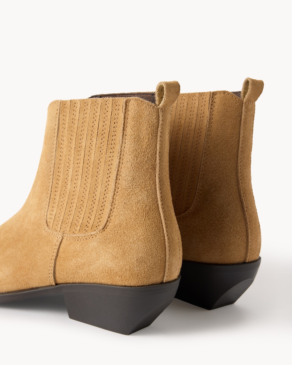 image 1 of F&F Suede Western Block Heel Ankle Boots in Tan