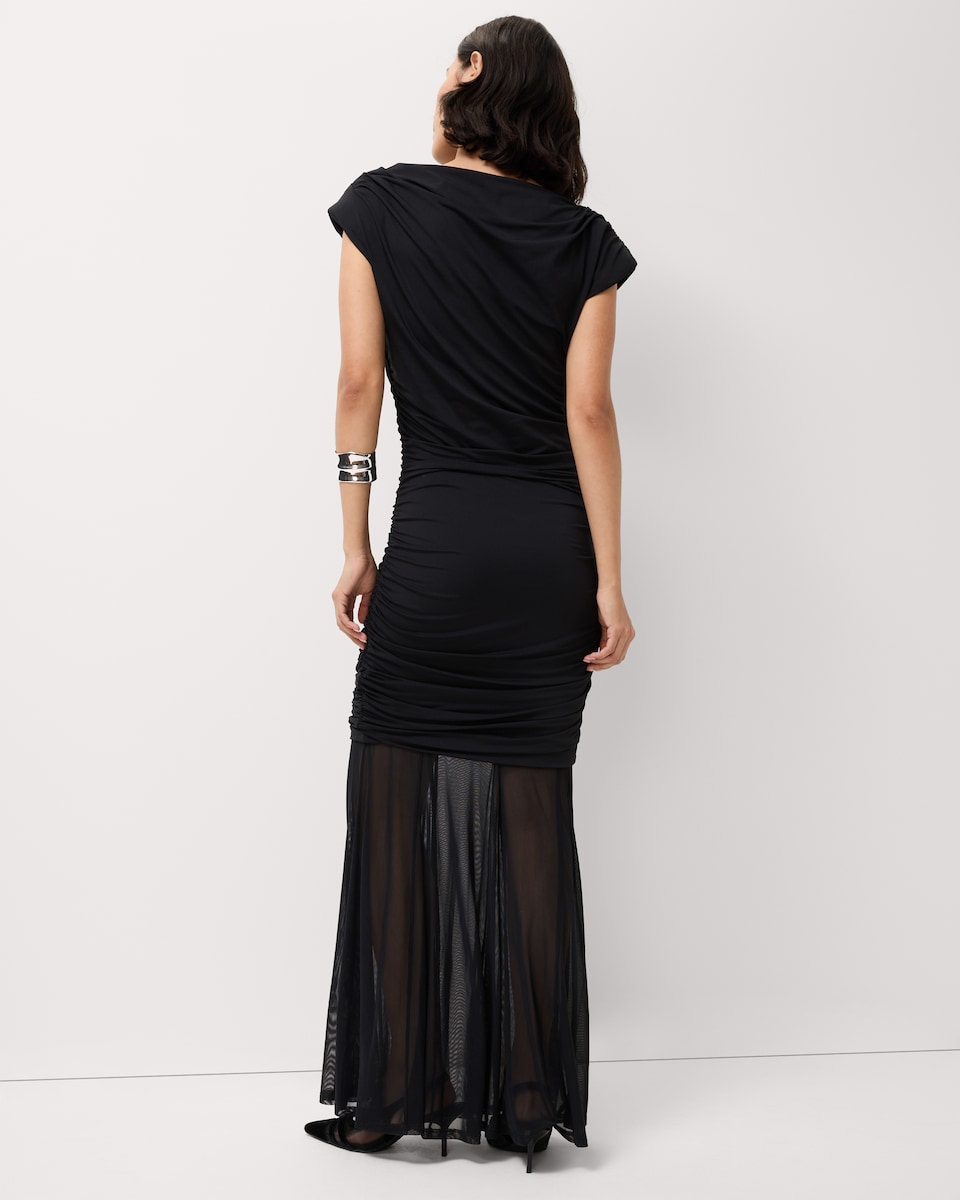 image 1 of F&F Mesh Cowl Neck Ruched Midi Dress in Black