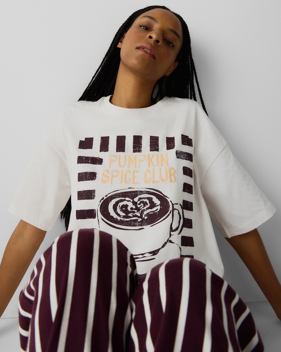 image 1 of F&F Pure Cotton Pumpkin Spiced Latte Pyjama Set in Cream