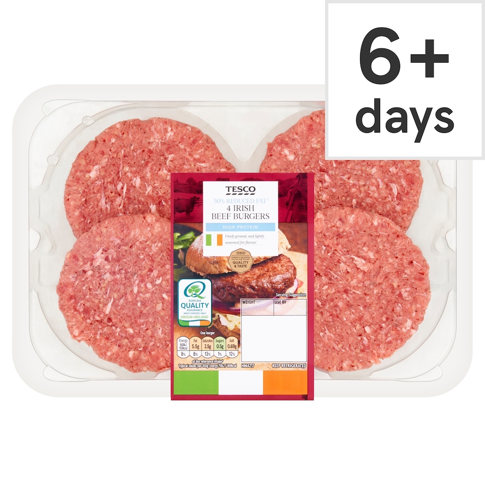 Tesco Irish 50% Reduced Fat Beef Burgers 454G