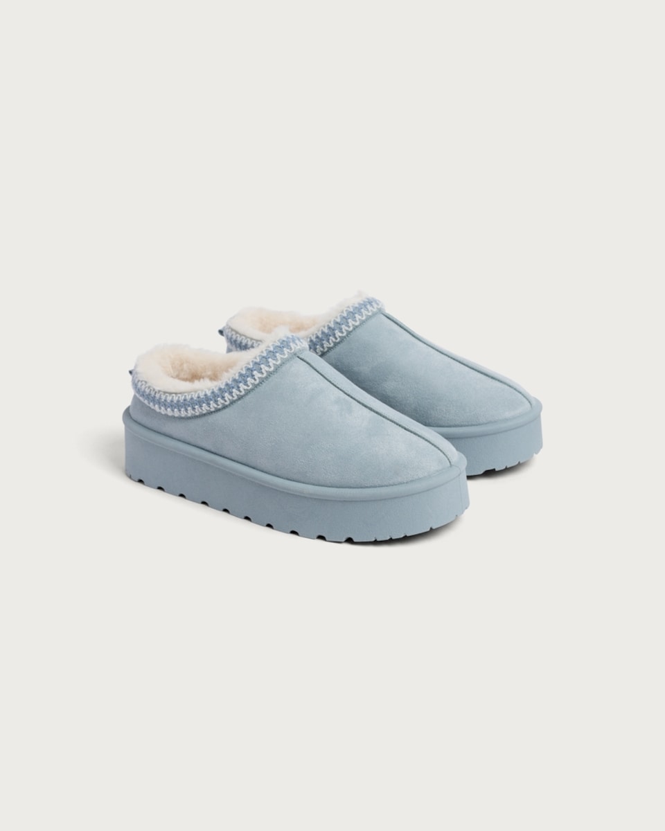 F&F Faux Fur Lined Embroidered Platform Mule Slippers in Blue