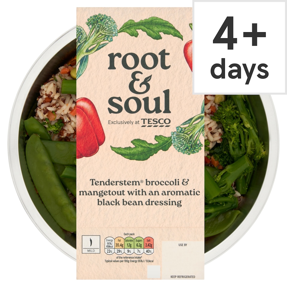 Root & Soul Tenderstem broccoli & mangetout with an aromatic black bean dressing 380g