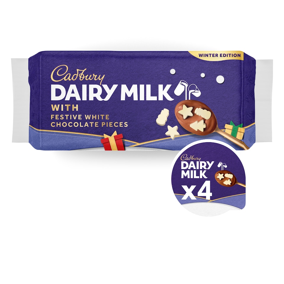 image 1 of Cadbury Dairy Milk Dessert with festive white chocolate pieces  4x75g