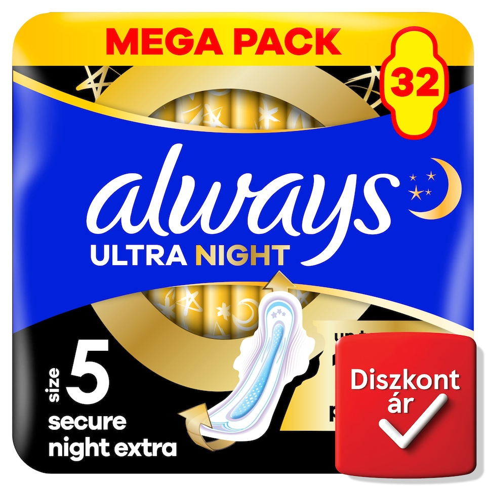 Always Ultra Secure Night Extra (5-ös Méretű) Szárnyas Betét Egészségügyi Betét, 32 Db  1. kép