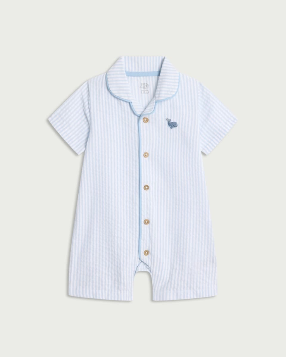 image 1 of F&F Baby Pure Cotton Seerksucker Striped Short Sleeved Romper in Blue